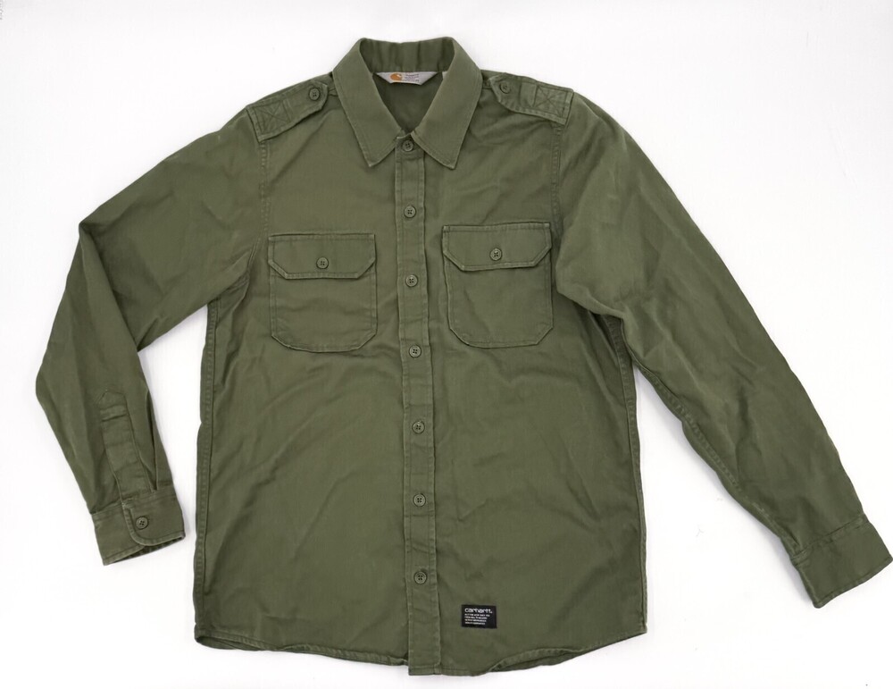 Carhartt Shrirt Mens Small Green Button Up Long Sleeve Rugged Outdoor Pockets